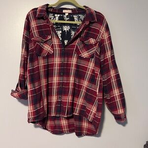 Christopher & Banks Burgundy Plaid Button-Down Shirt Lace Back